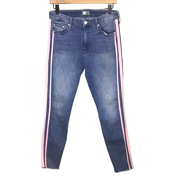 Mother Looker Ankle Fray Jeans in Light Wash Side Stripe Blue Pink Size 29 - Picture 4 of 11